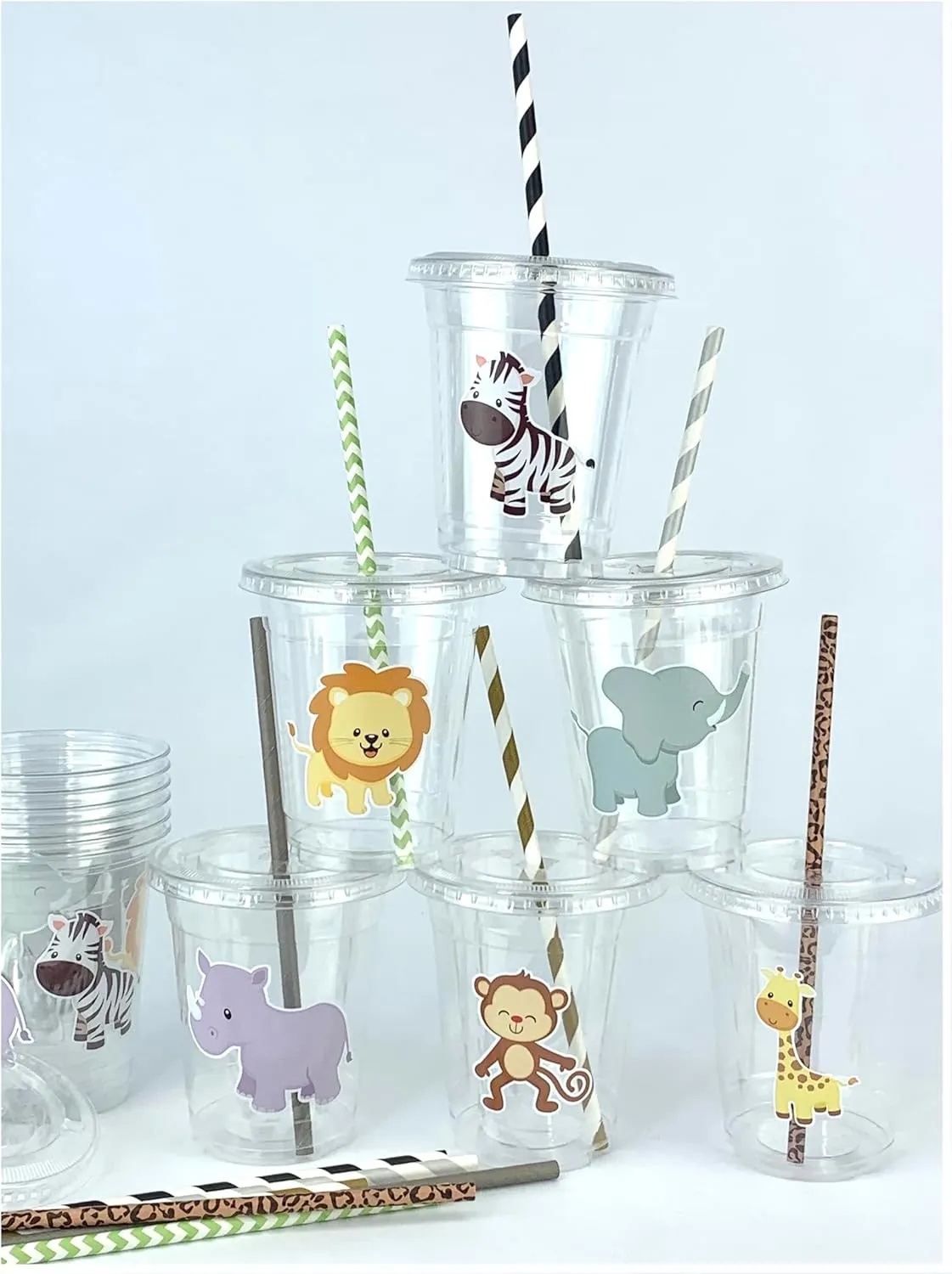 Safari Animal Plastic Party Cups with Lids and Straws, Birthday Drinkware, Jungle Baby Shower Tableware, Set of 12