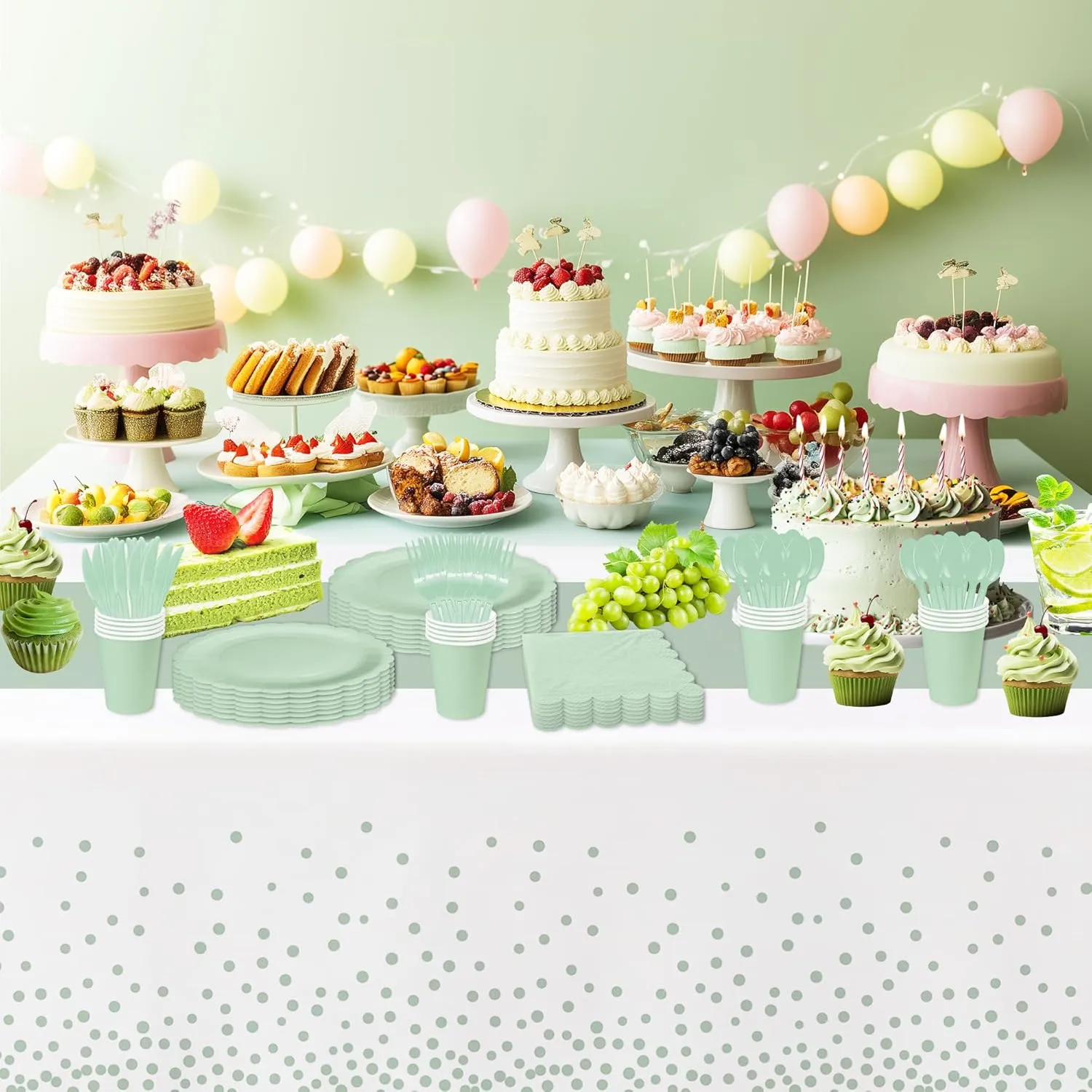 Sage Green Party Decorations Supplies Tableware, Light Green Paper Plates And Napkins, Tablecloth Printed Table Runner, Cutlery, for Birthday Baby Bridal Shower Wedding Anniversary, Serves 24