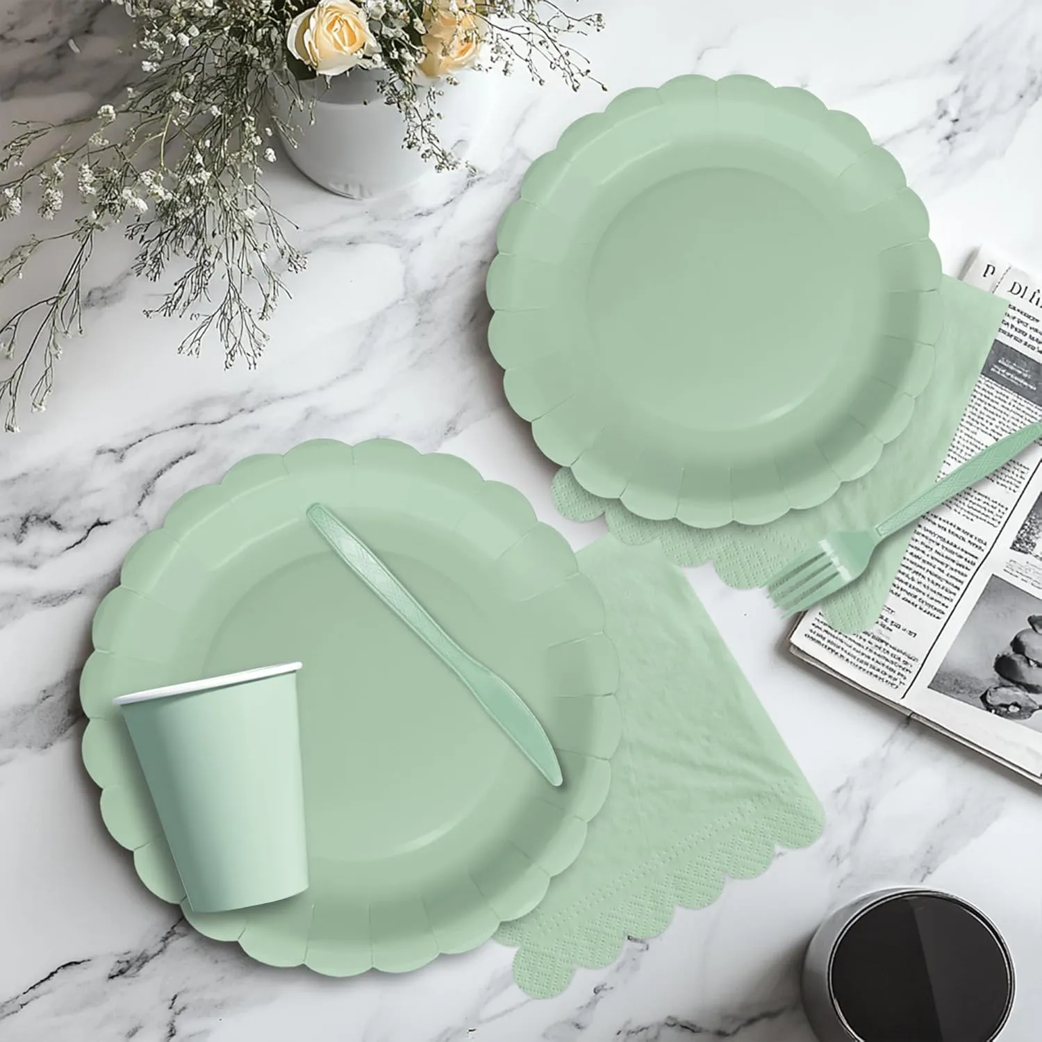 Sage Green Party Decorations Supplies Tableware, Light Green Paper Plates And Napkins, Tablecloth Printed Table Runner, Cutlery, for Birthday Baby Bridal Shower Wedding Anniversary, Serves 24