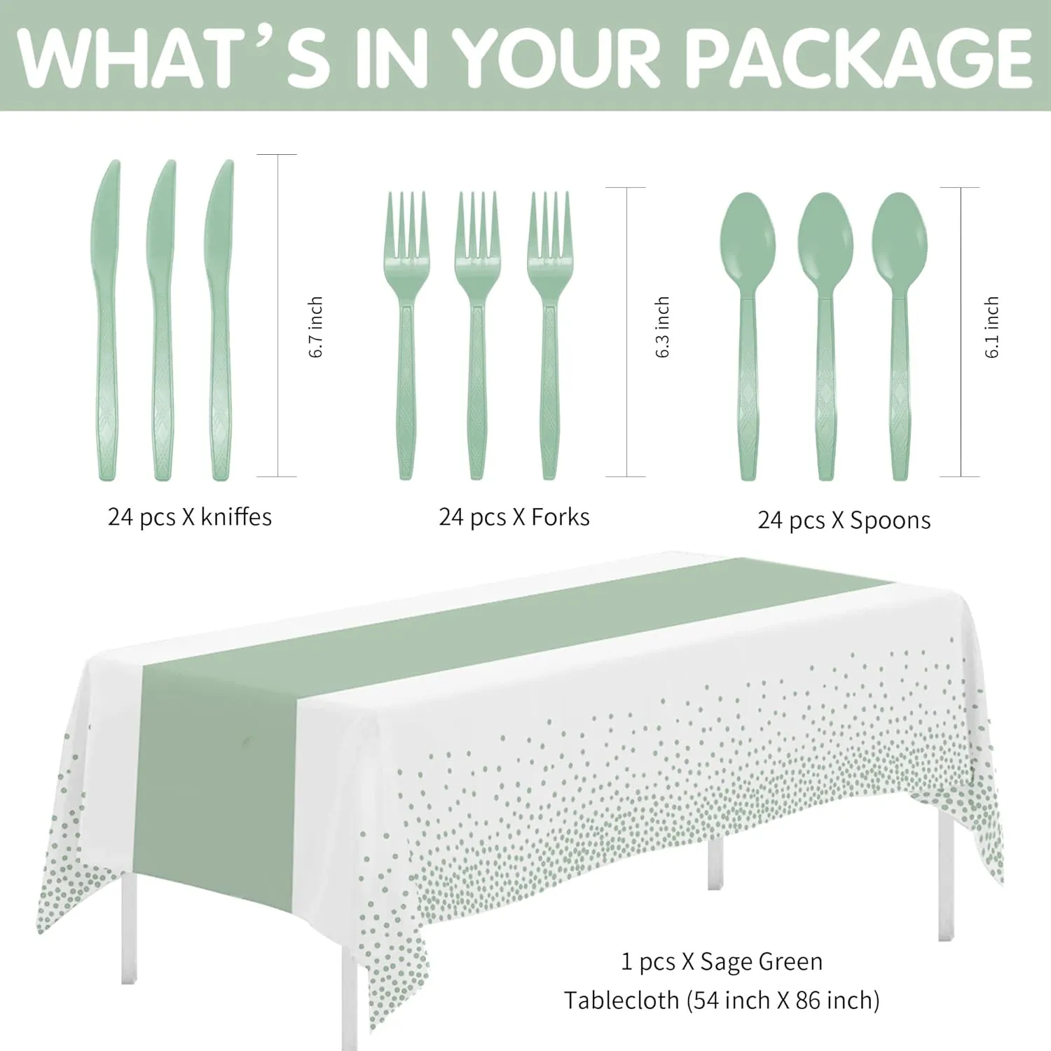 Sage Green Party Decorations Supplies Tableware, Light Green Paper Plates And Napkins, Tablecloth Printed Table Runner, Cutlery, for Birthday Baby Bridal Shower Wedding Anniversary, Serves 24
