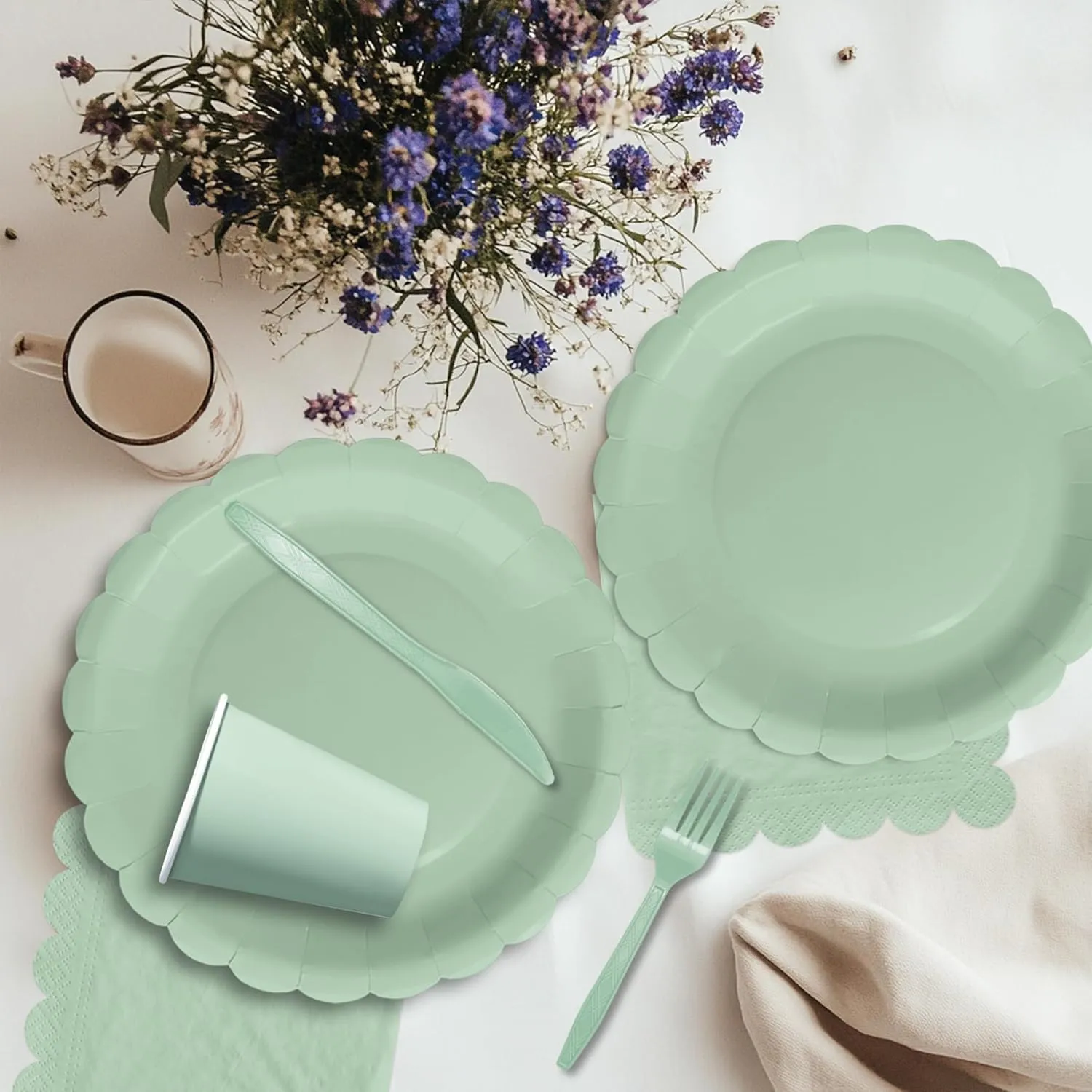 Sage Green Party Decorations Supplies Tableware, Light Green Paper Plates And Napkins, Tablecloth Printed Table Runner, Cutlery, for Birthday Baby Bridal Shower Wedding Anniversary, Serves 24