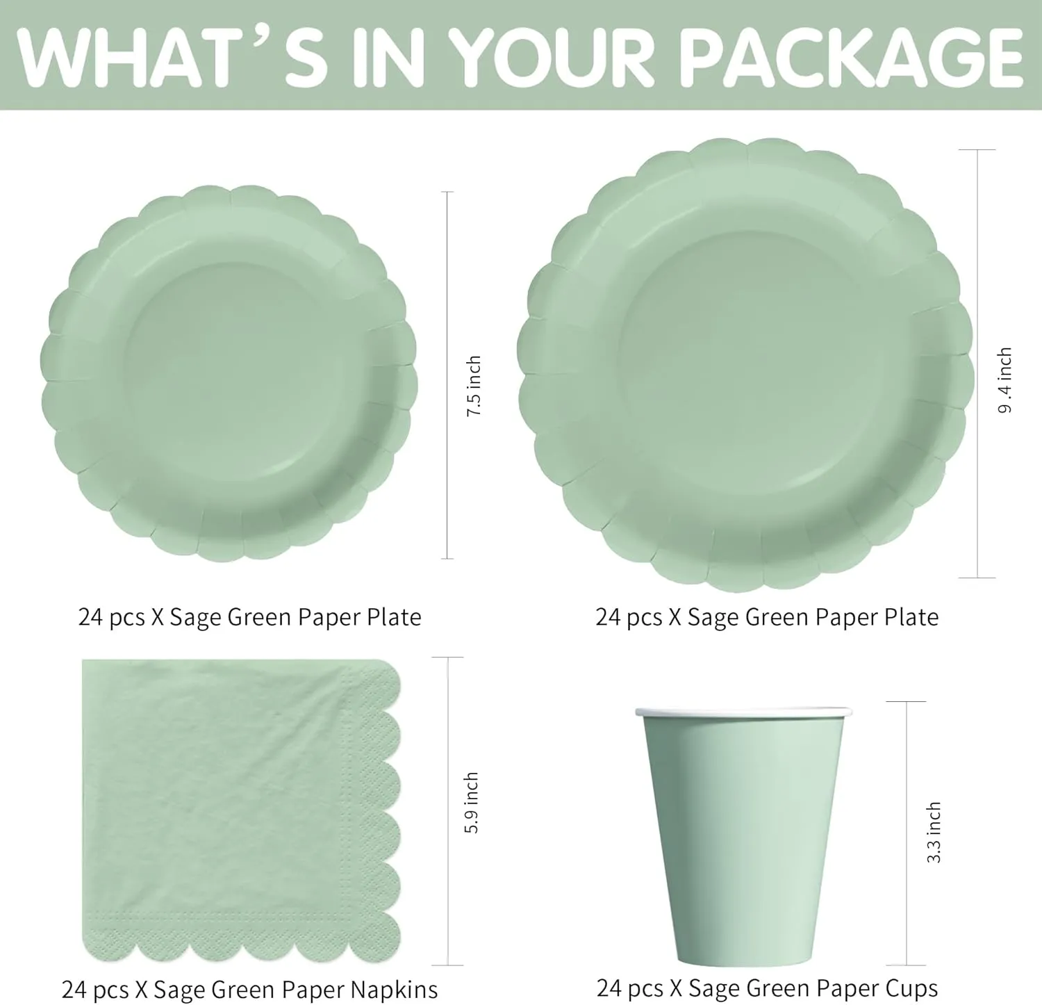 Sage Green Party Decorations Supplies Tableware, Light Green Paper Plates And Napkins, Tablecloth Printed Table Runner, Cutlery, for Birthday Baby Bridal Shower Wedding Anniversary, Serves 24