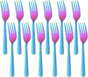 Salad Forks Set of 12, 6.2 Inch Stainless Steel Dessert Forks, Silverware Flatware Forks, Appetizer Forks with Clean Lines Handle for Tastings Cake Fruit, Dishwasher Safe- Rainbow