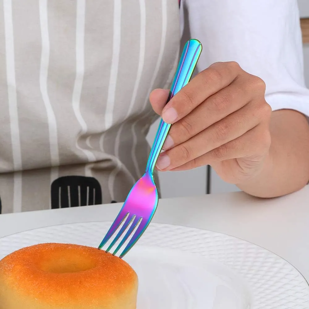 Salad Forks Set of 12, 6.2 Inch Stainless Steel Dessert Forks, Silverware Flatware Forks, Appetizer Forks with Clean Lines Handle for Tastings Cake Fruit, Dishwasher Safe- Rainbow
