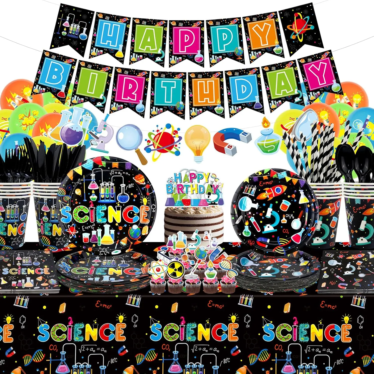 Science Party Supplies, Includes Happy Birthday Banners, Plates, Tablecloth, Cups, Balloon and Straws, for Boy Girl Scientist Lab Decoration Serves 20 Guests