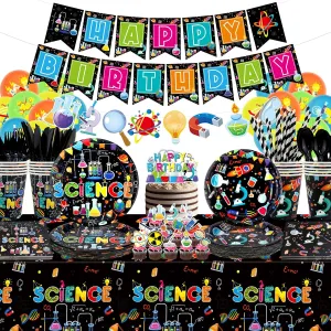 Science Party Supplies, Includes Happy Birthday Banners, Plates, Tablecloth, Cups, Balloon and Straws, for Boy Girl Scientist Lab Decoration Serves 20 Guests