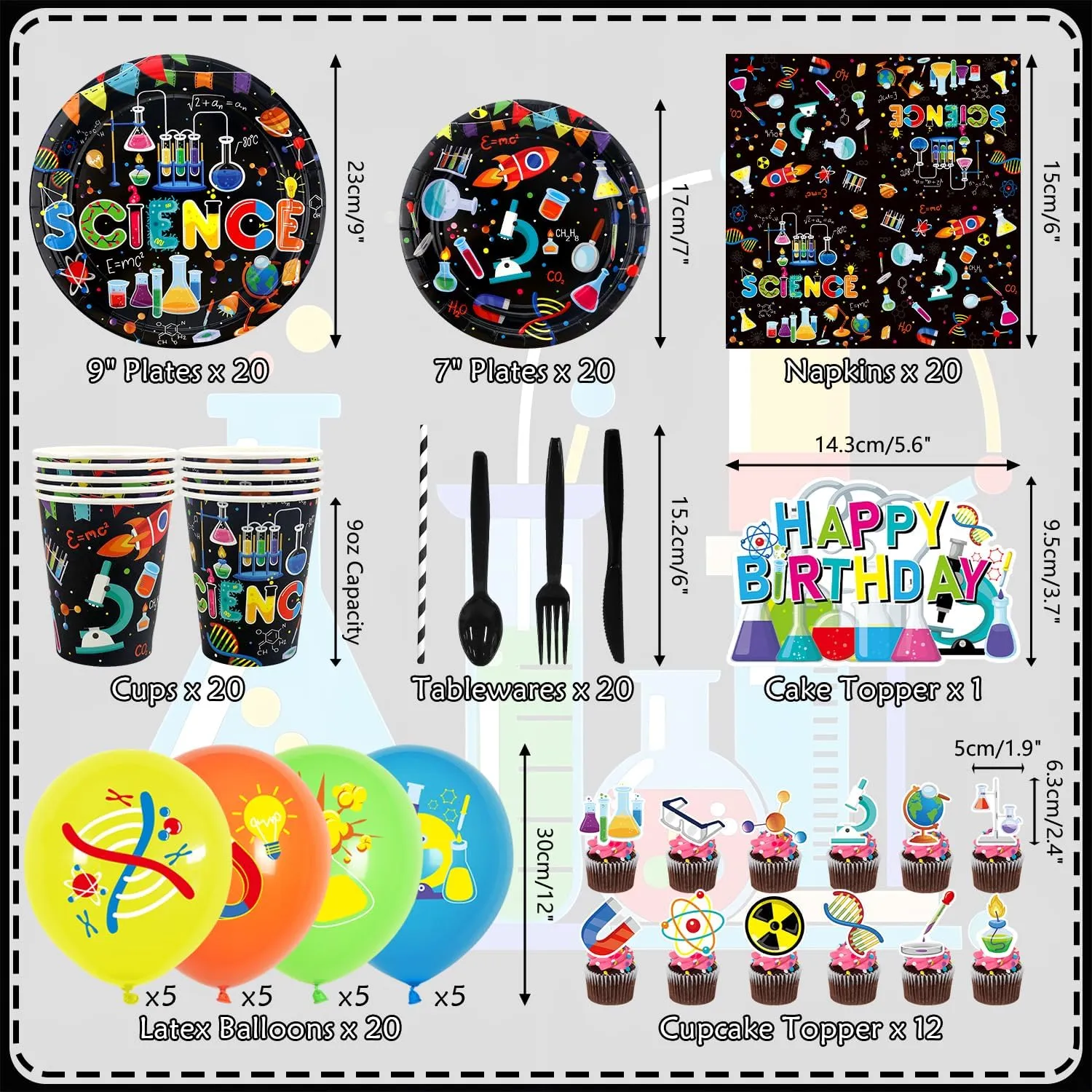 Science Party Supplies, Includes Happy Birthday Banners, Plates, Tablecloth, Cups, Balloon and Straws, for Boy Girl Scientist Lab Decoration Serves 20 Guests