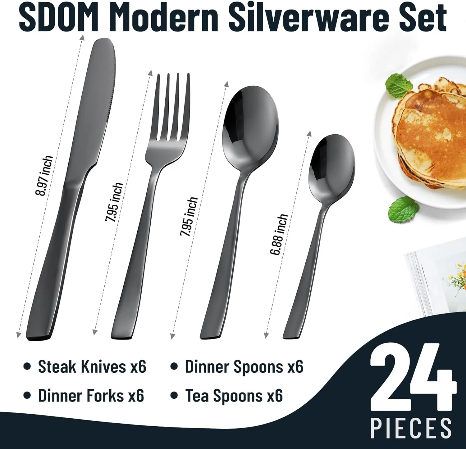 SDOM Silverware Set, Mirror Finish 24-Piece Stainless Steel Square Flatware Set for 6, Food-Grade Tableware Cutlery Set, Utensil Sets for Home Restaurant, Dishwasher Safe（Black）