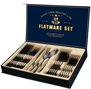 SDOM Silverware Set, Mirror Finish 24-Piece Stainless Steel Square Flatware Set for 6, Food-Grade Tableware Cutlery Set, Utensil Sets for Home Restaurant, Dishwasher Safe（Black）