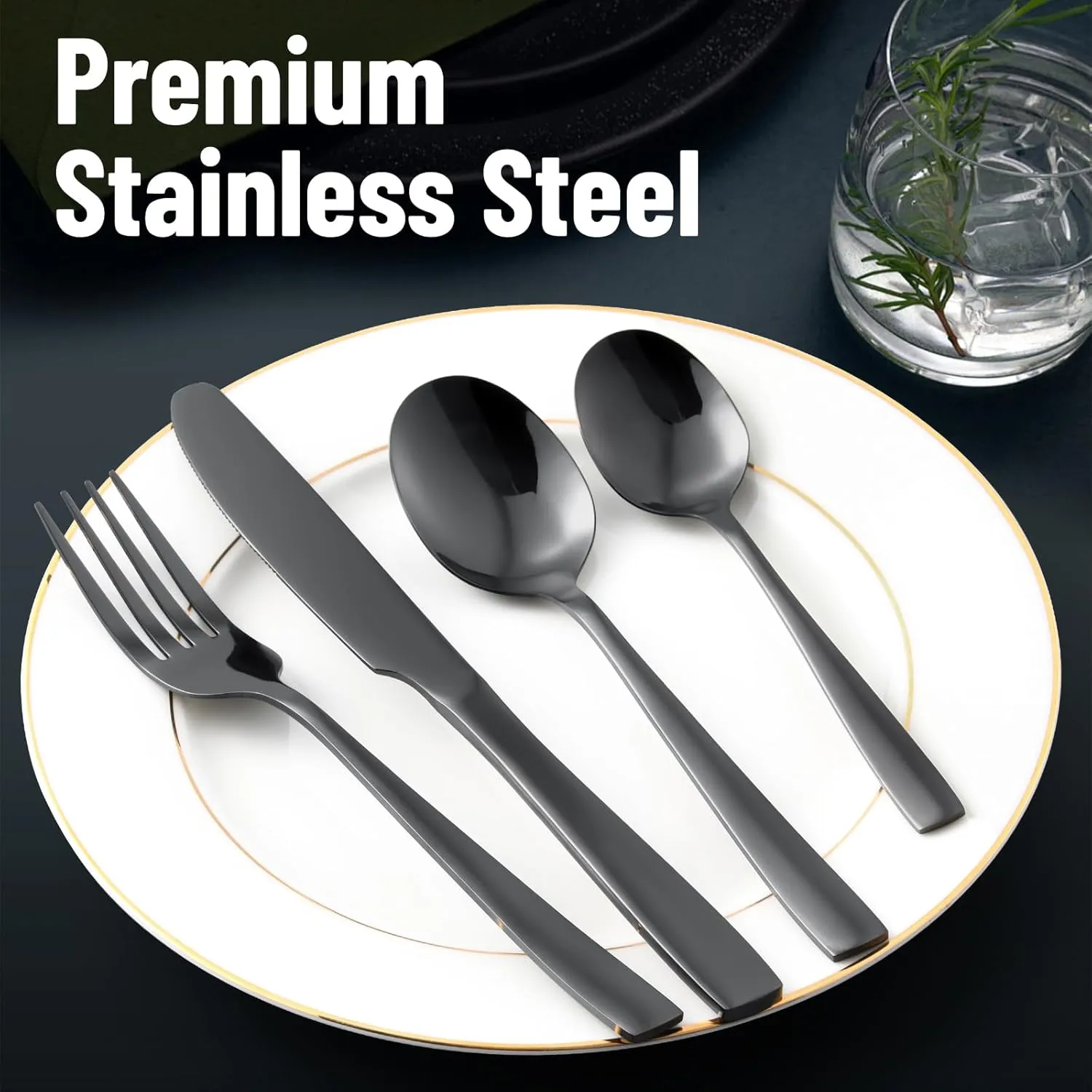 SDOM Silverware Set, Mirror Finish 24-Piece Stainless Steel Square Flatware Set for 6, Food-Grade Tableware Cutlery Set, Utensil Sets for Home Restaurant, Dishwasher Safe（Black）