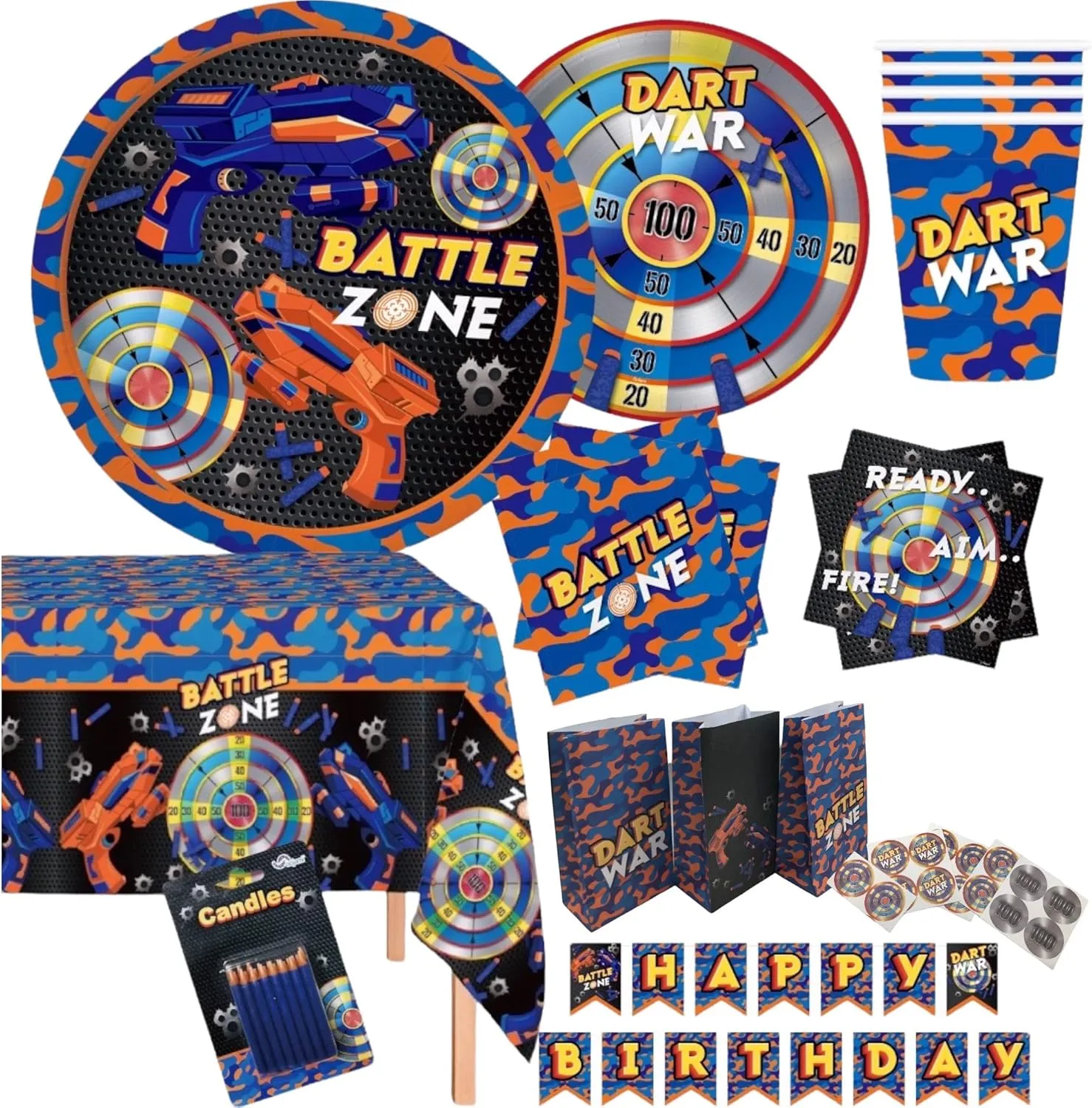 Serves 18 Dart War Party Supplies Includes Plates,Napkins,Table Cover, Happy Birthday Banner,Candles,Treat Bags, Ideal for Dart War Birthday Theme Party Decor