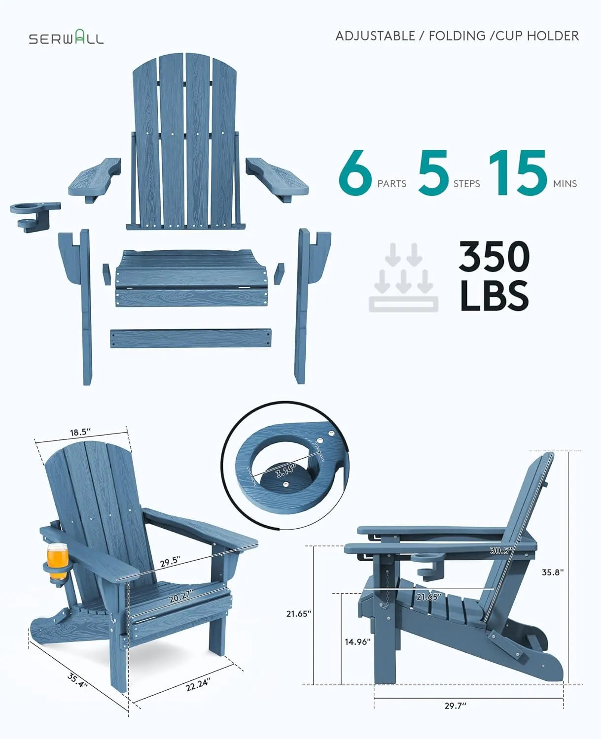 SERWALL Folding Adirondack Chair, Adirondack Outdoor Chair with Cup Holder, Adjustable Adirondack Chair with 3 Recline Positions, All Weather HDPE Outdoor Adirondack, Blue
