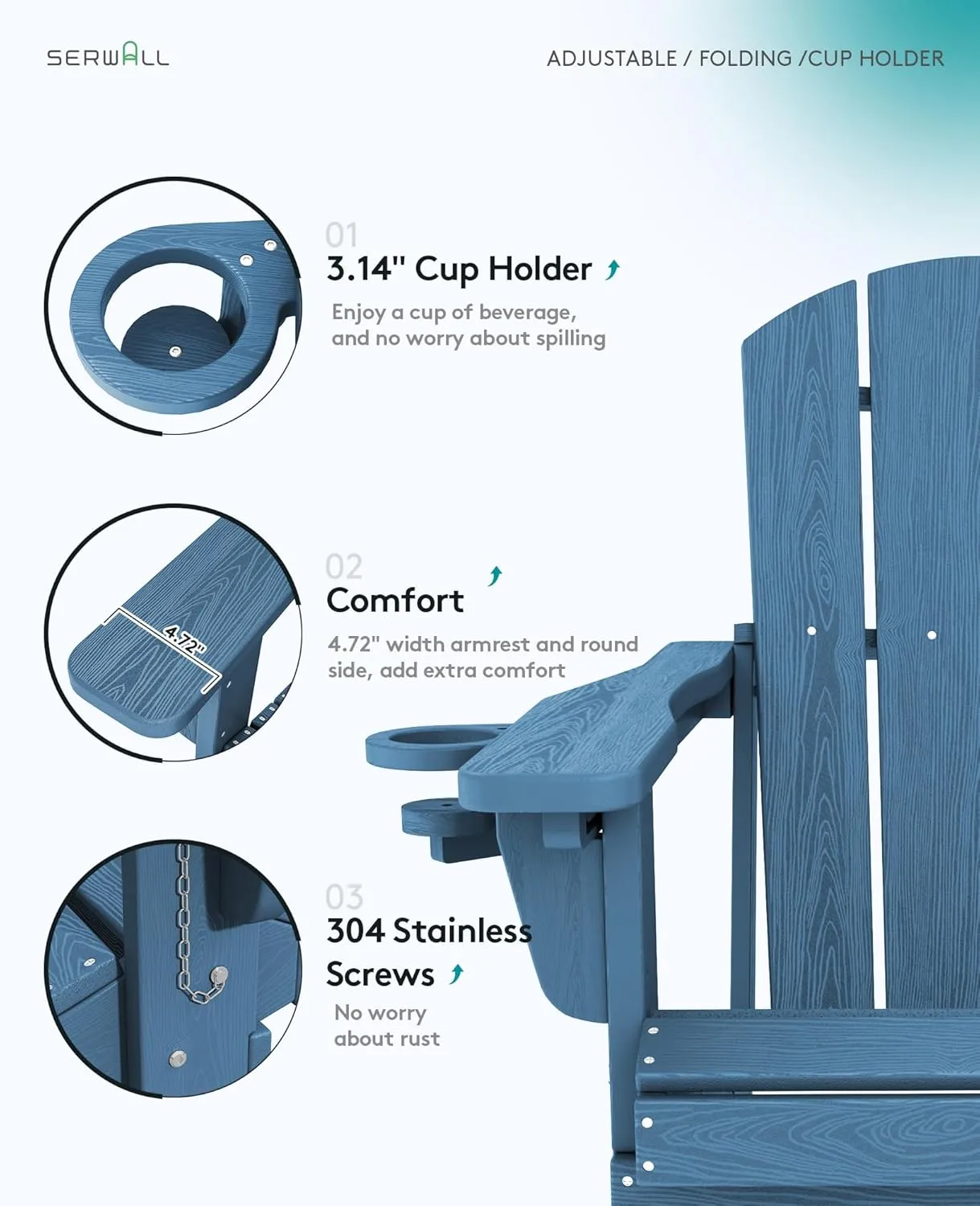 SERWALL Folding Adirondack Chair, Adirondack Outdoor Chair with Cup Holder, Adjustable Adirondack Chair with 3 Recline Positions, All Weather HDPE Outdoor Adirondack, Blue