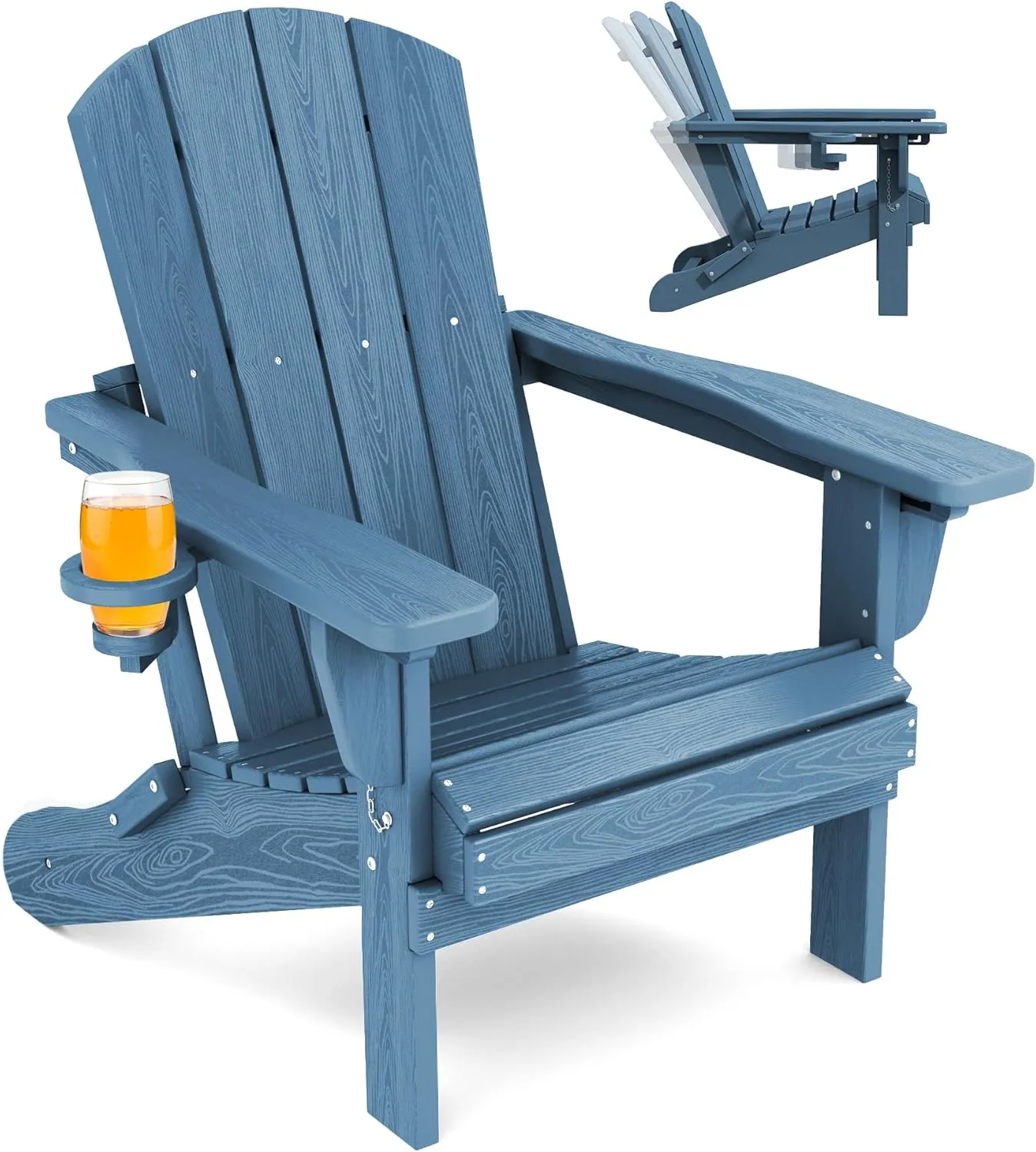SERWALL Folding Adirondack Chair, Adirondack Outdoor Chair with Cup Holder, Adjustable Adirondack Chair with 3 Recline Positions, All Weather HDPE Outdoor Adirondack, Blue