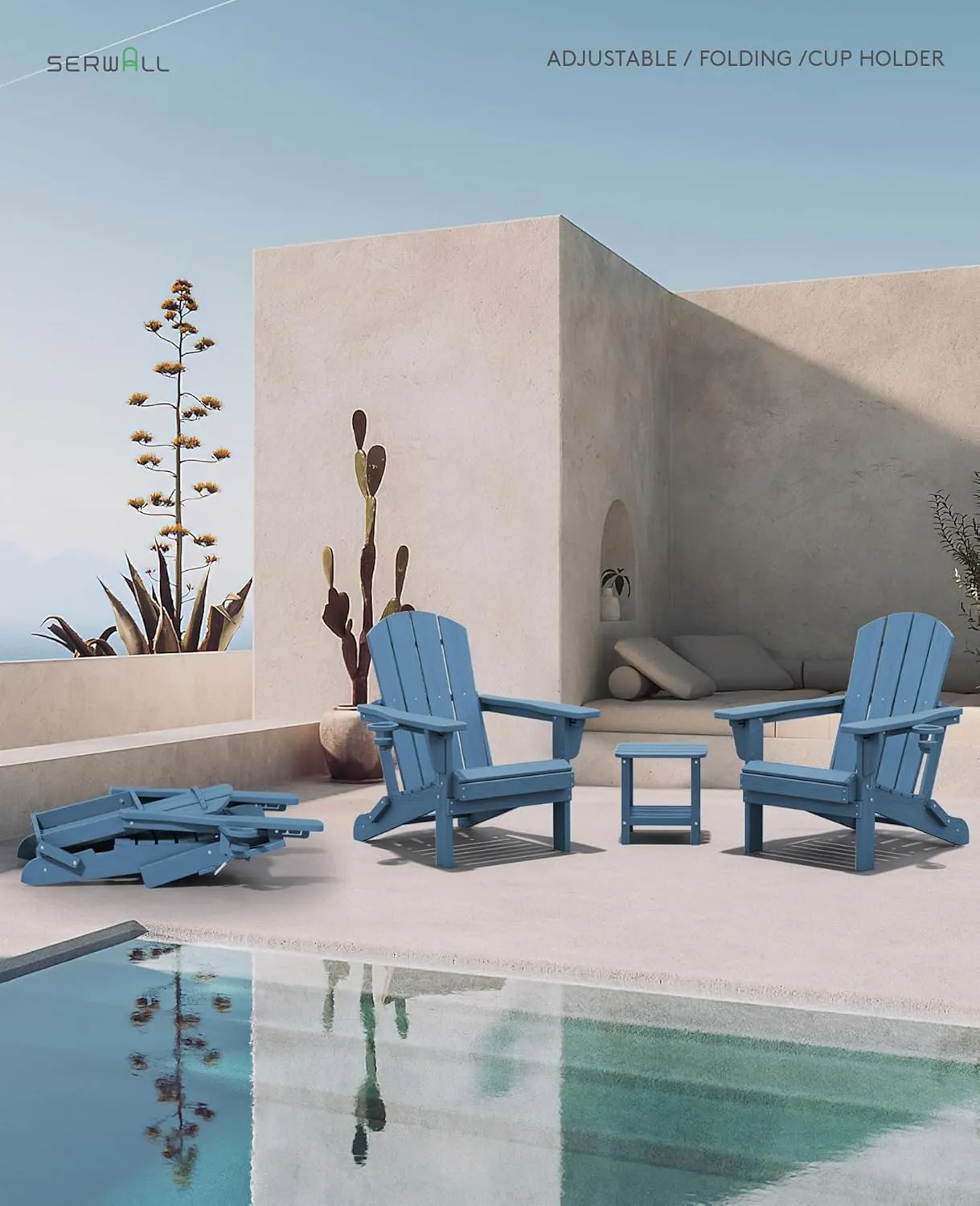 SERWALL Folding Adirondack Chair, Adirondack Outdoor Chair with Cup Holder, Adjustable Adirondack Chair with 3 Recline Positions, All Weather HDPE Outdoor Adirondack, Blue