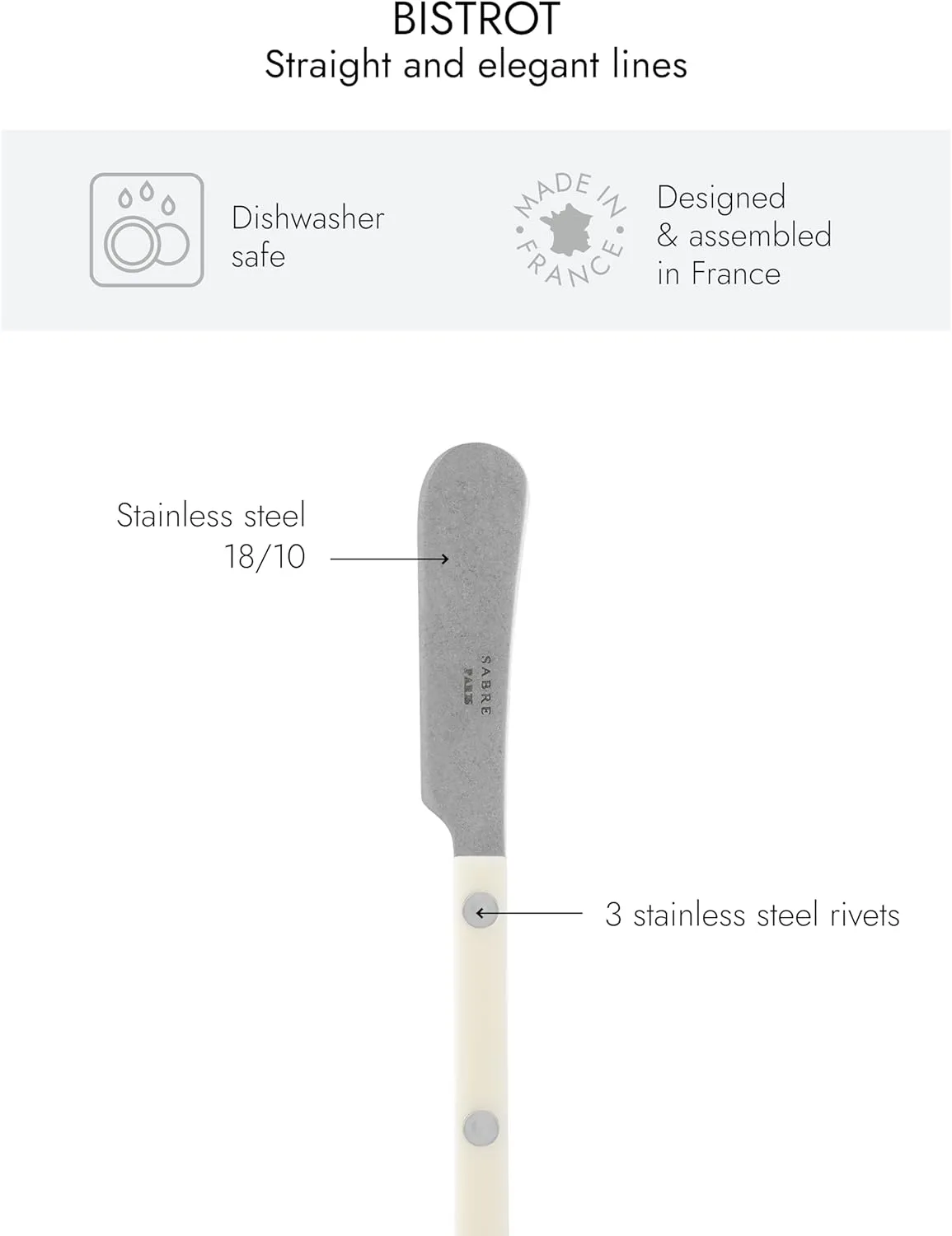 Set of 2 Spreader Knives 5.5 inches - Bistrot Vintage Collection - Perfect for Butter, Tapenades, Spreads - Stainless Steel & Nylon - Dishwasher Safe - Ivory - Mat Finish
