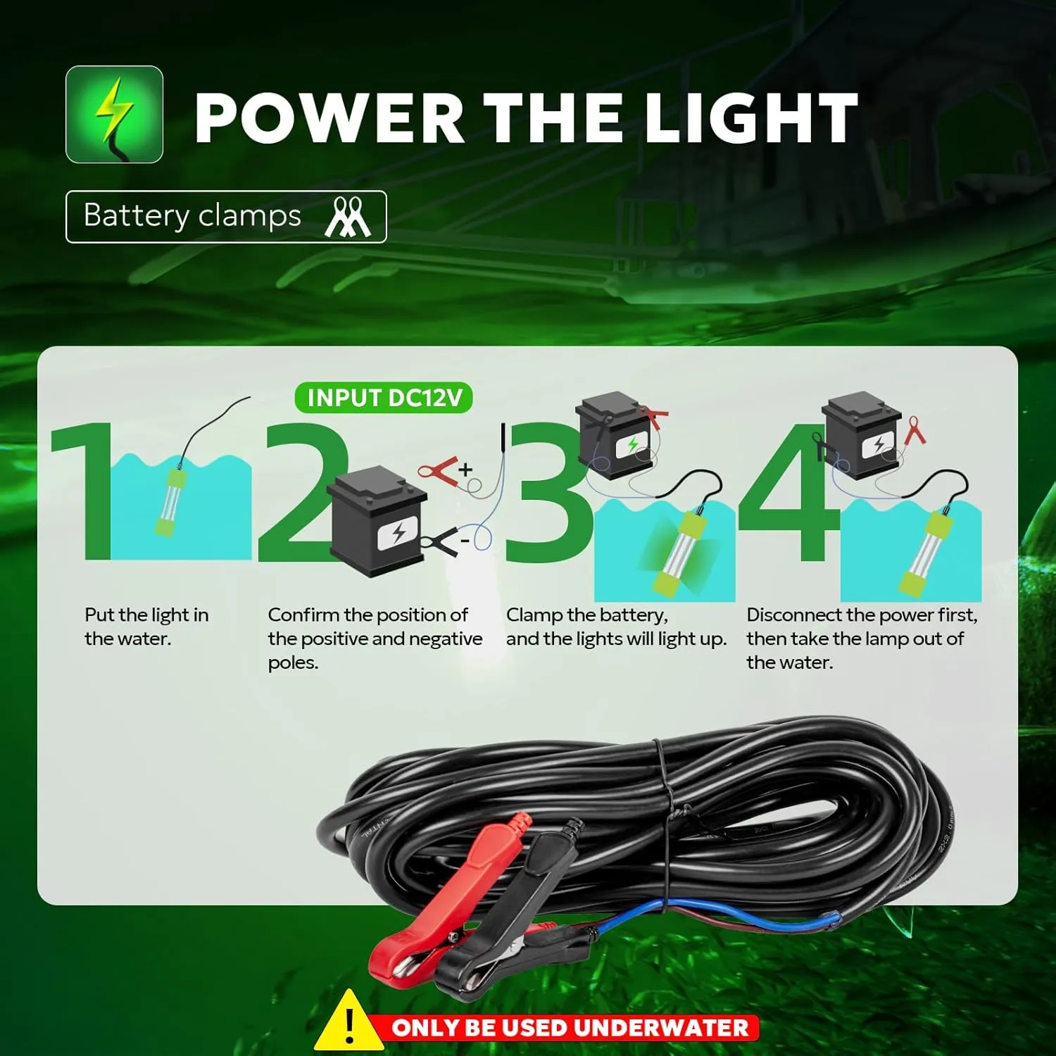 SF DC 12V LED Underwater Fishing Light 45W 70W 100W Fish Attracting Light 5600 7000 13000lm Green Fishing Light Submersible for Dock and Boats IP68 Waterproof with Cigarette Lighter or Battery Clips