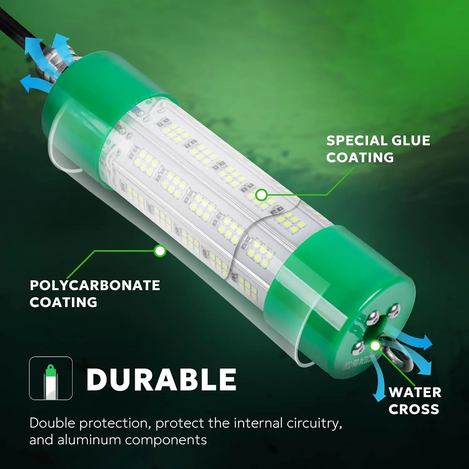 SF DC 12V LED Underwater Fishing Light 45W 70W 100W Fish Attracting Light 5600 7000 13000lm Green Fishing Light Submersible for Dock and Boats IP68 Waterproof with Cigarette Lighter or Battery Clips