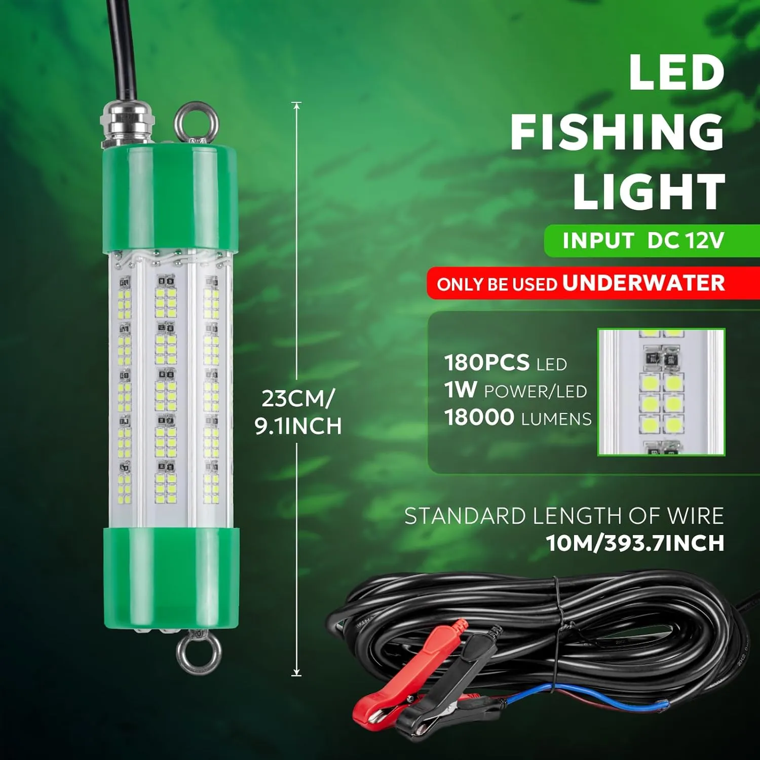 SF DC 12V LED Underwater Fishing Light 45W 70W 100W Fish Attracting Light 5600 7000 13000lm Green Fishing Light Submersible for Dock and Boats IP68 Waterproof with Cigarette Lighter or Battery Clips