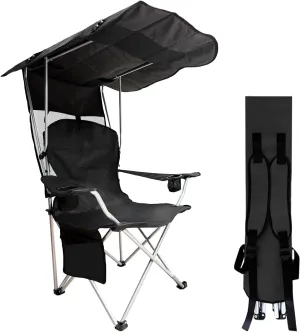 Shade Canopy Camping Chair-Portable Folding Camping Chair Back Support with Cup Holder & Side Pockets for Outdoor, Fishing, Picnic, Beach (Black)