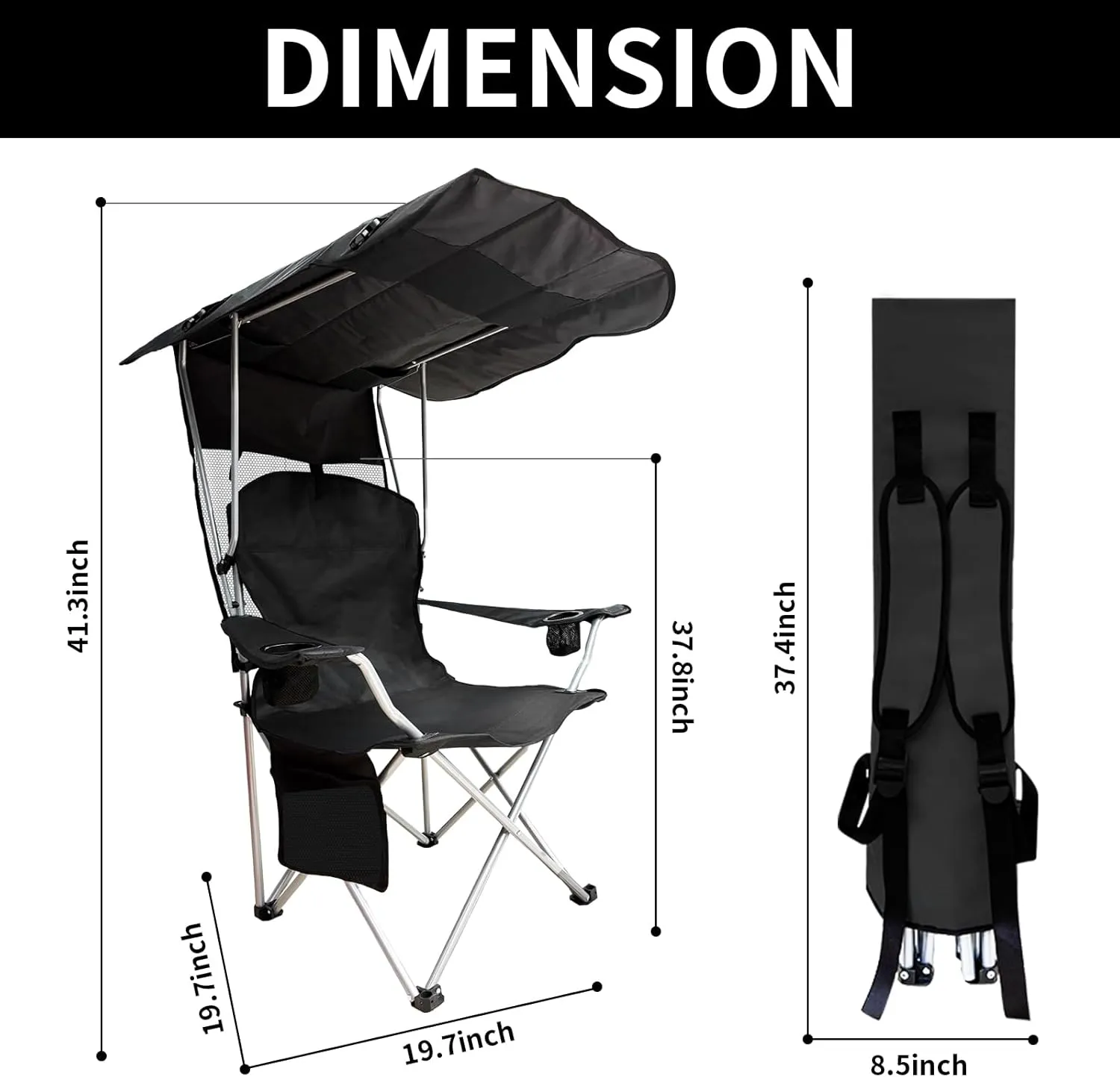 Shade Canopy Camping Chair-Portable Folding Camping Chair Back Support with Cup Holder & Side Pockets for Outdoor, Fishing, Picnic, Beach (Black)