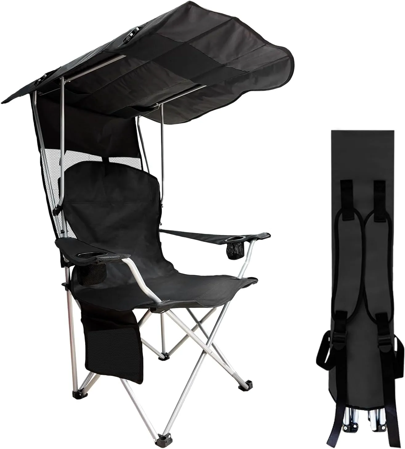 Shade Canopy Camping Chair-Portable Folding Camping Chair Back Support with Cup Holder & Side Pockets for Outdoor, Fishing, Picnic, Beach (Black)