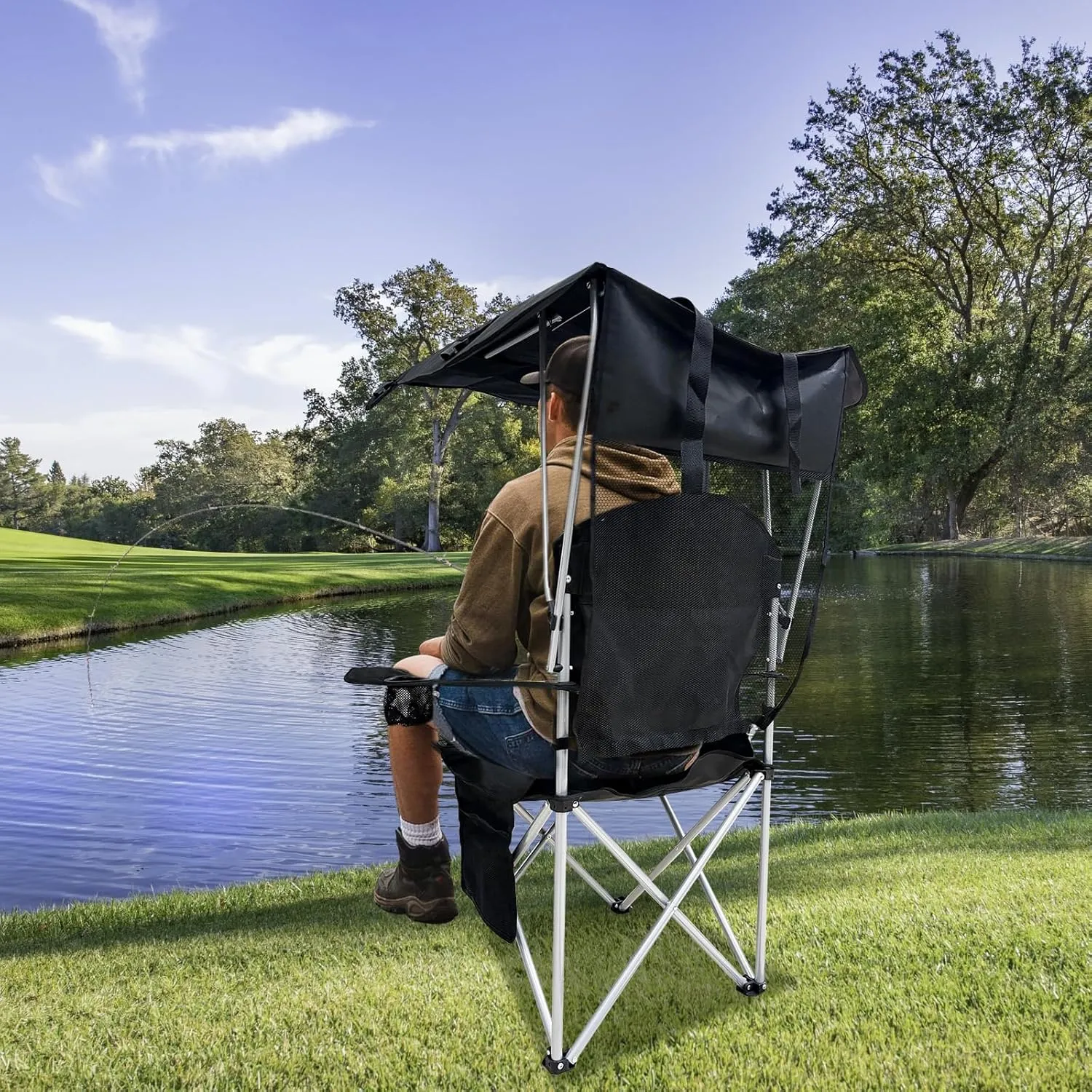 Shade Canopy Camping Chair-Portable Folding Camping Chair Back Support with Cup Holder & Side Pockets for Outdoor, Fishing, Picnic, Beach (Black)