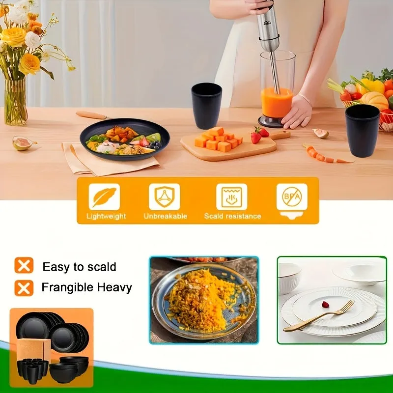 Shatterproof Tableware 16pcs Set Indestructible Black Set