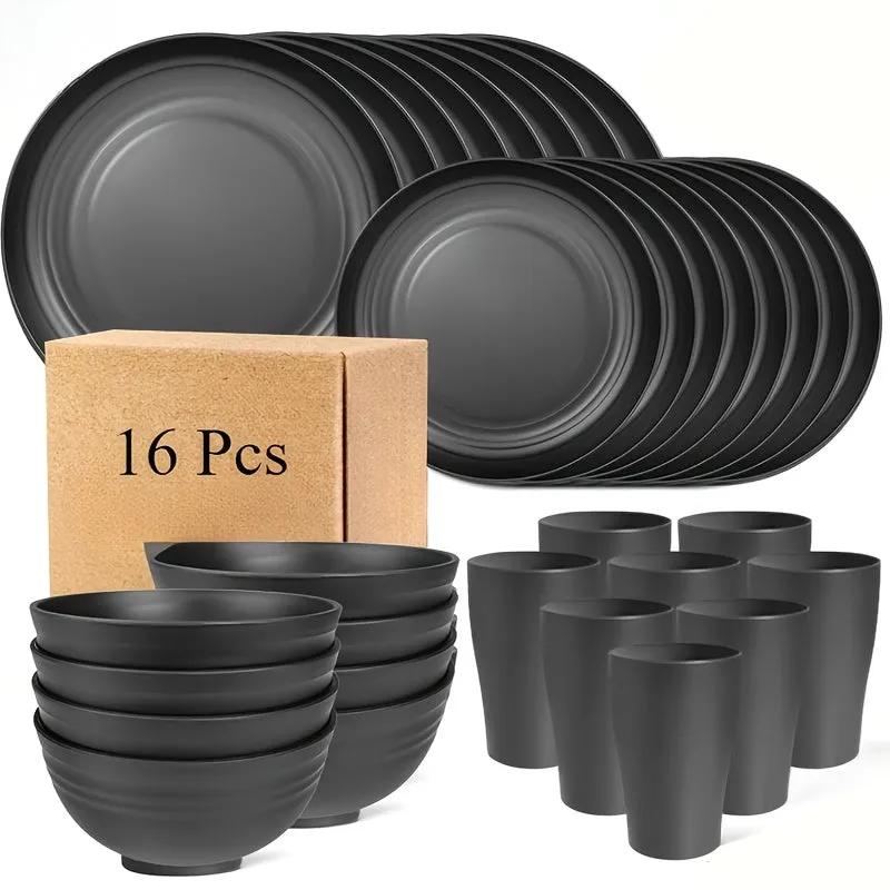 Shatterproof Tableware 16pcs Set Indestructible Black Set