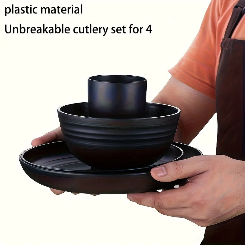 Shatterproof Tableware 16pcs Set Indestructible Black Set