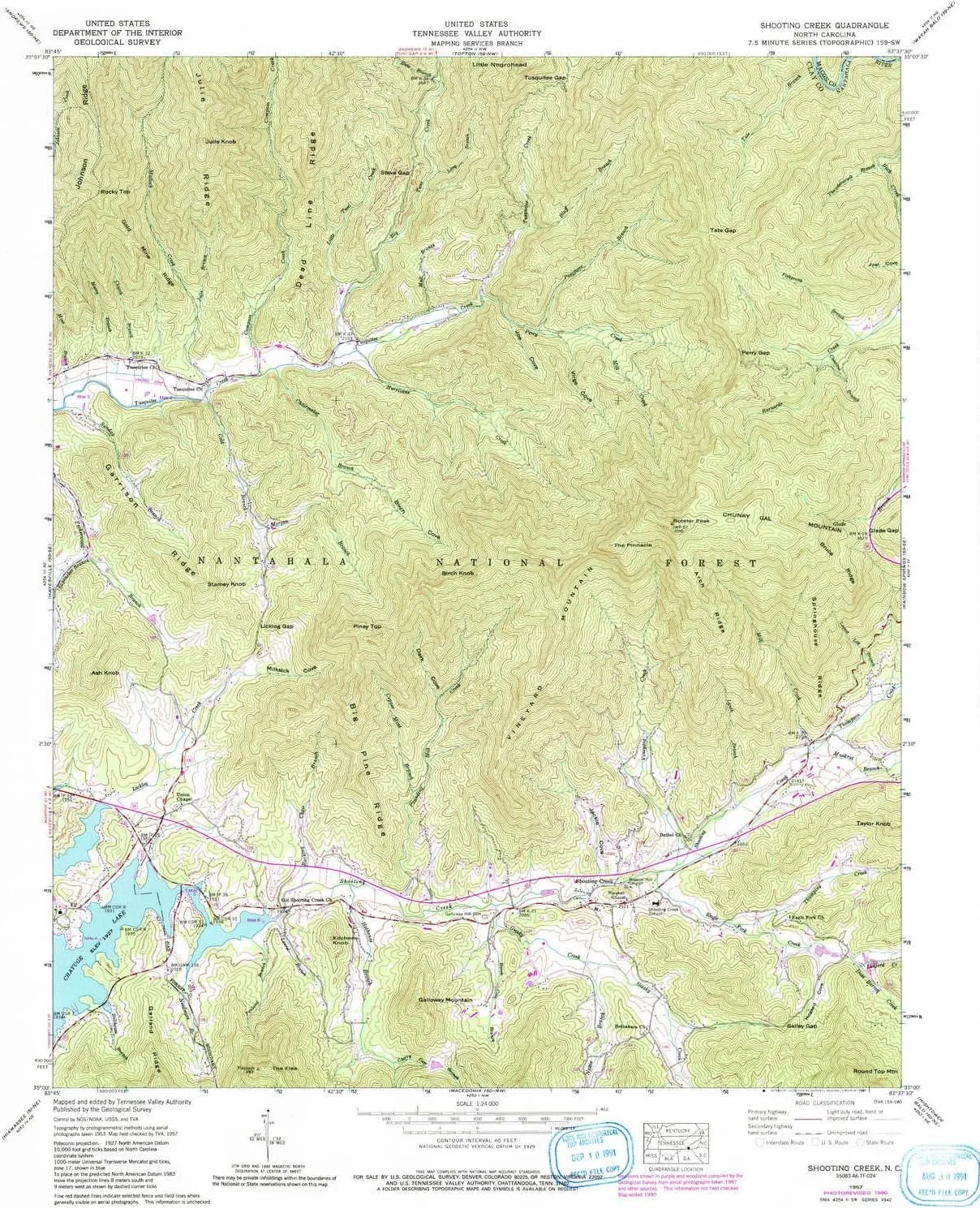 Shooting Creek NC topo map, 1:24000 Scale, 7.5 X 7.5 Minute, Historical, 1957, Updated 1991, 26.9 x 22 in