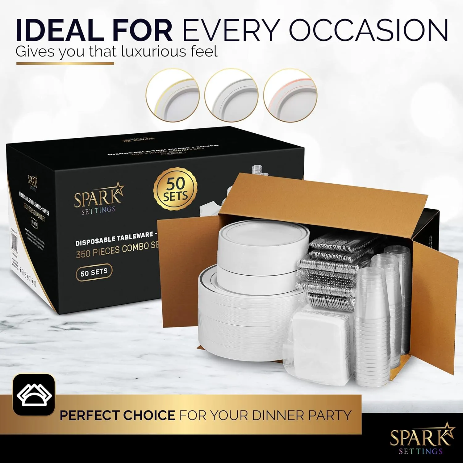Silver Plastic Dinnerware Set - 350 PC for 50 Guests, 100 Party Plates, 50 Cups, 50 Cutlery Sets & Napkins