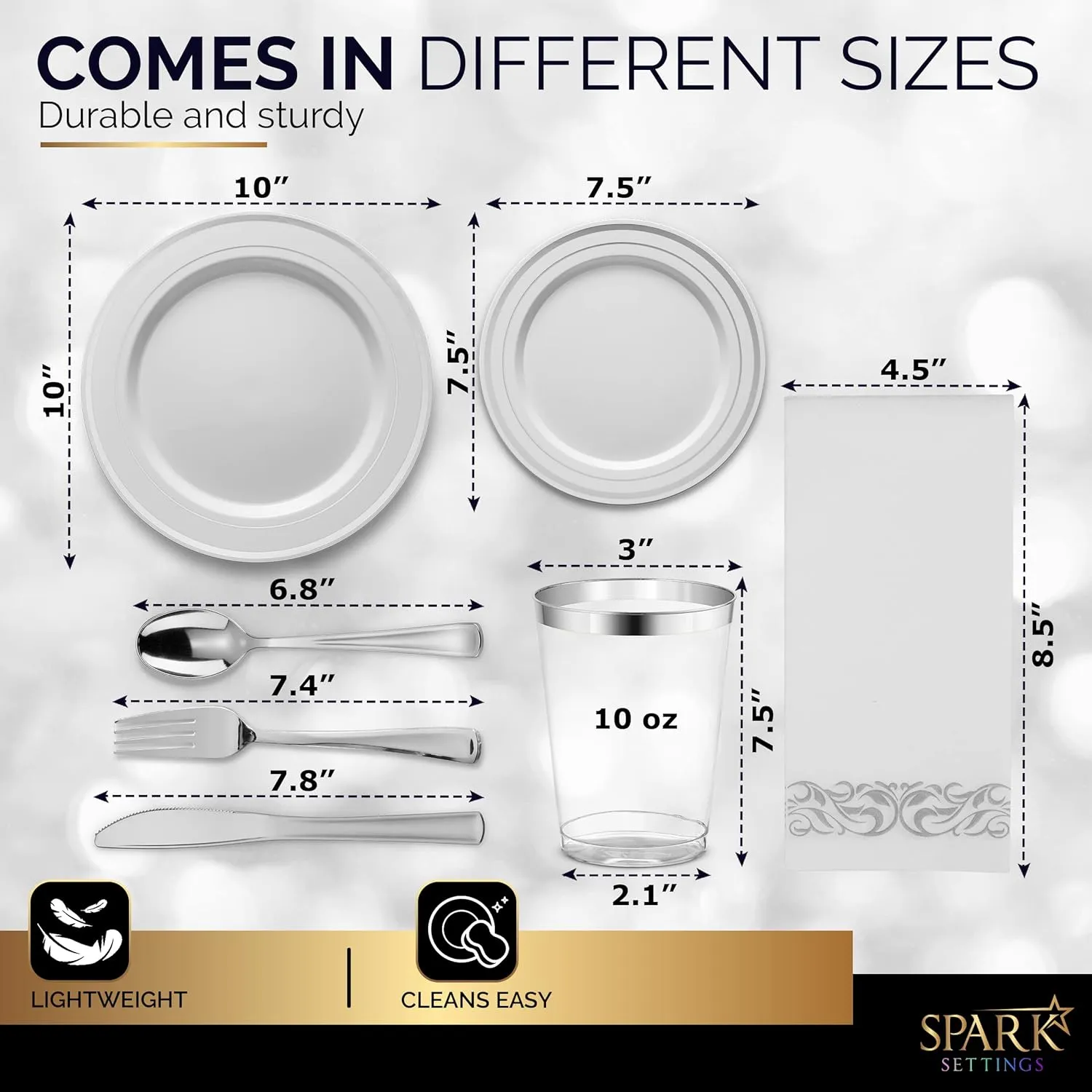 Silver Plastic Dinnerware Set - 350 PC for 50 Guests, 100 Party Plates, 50 Cups, 50 Cutlery Sets & Napkins