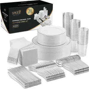 Silver Plastic Dinnerware Set - 350 PC for 50 Guests, 100 Party Plates, 50 Cups, 50 Cutlery Sets & Napkins
