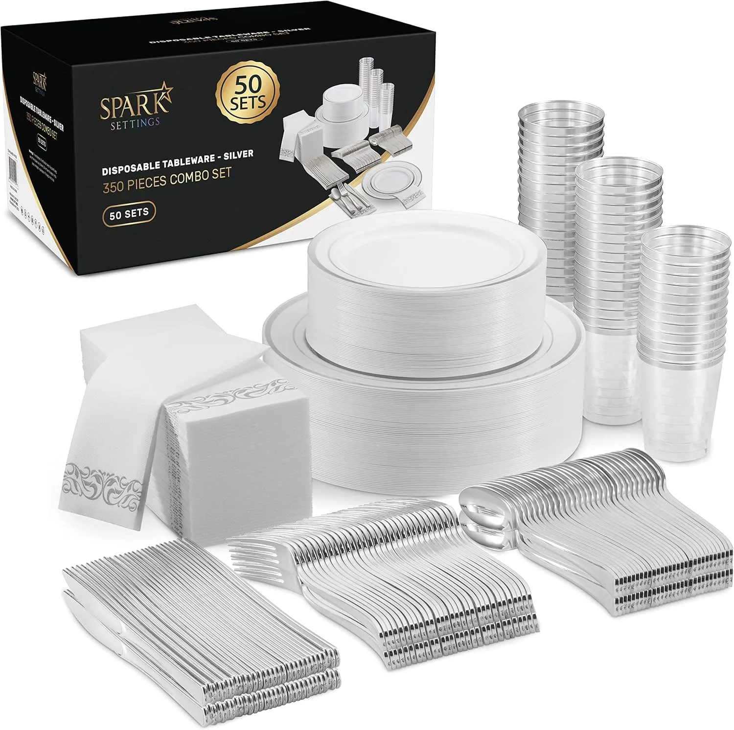 Silver Plastic Dinnerware Set - 350 PC for 50 Guests, 100 Party Plates, 50 Cups, 50 Cutlery Sets & Napkins