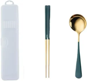Silverware Flatware Cutlery Set, 2/8/12/16 Pieces Creative 304 Stainless Steel Tableware Set Spoon Chopsticks Outdoor Travel Student Portable Tableware(Green Gold,8 Pieces for 4)