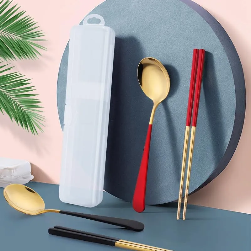 Silverware Flatware Cutlery Set, 2/8/12/16 Pieces Creative 304 Stainless Steel Tableware Set Spoon Chopsticks Outdoor Travel Student Portable Tableware(Green Gold,8 Pieces for 4)