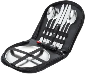 Silverware Flatware Cutlery Set, 304 Stainless Steel Outdoor Camping Tableware Set for Two, Wooden Handle Knife, Fork, Spoon, Steak Clip, Bottle Opener