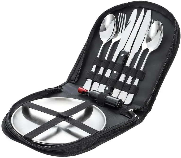 Silverware Flatware Cutlery Set, 304 Stainless Steel Outdoor Camping Tableware Set for Two, Wooden Handle Knife, Fork, Spoon, Steak Clip, Bottle Opener