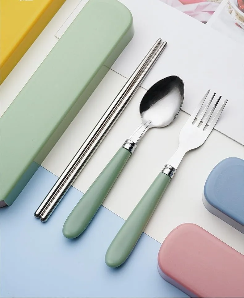 Silverware Flatware Cutlery Set, 3/12/18/24/30/36 Pieces Student Canteen Outdoor Tableware Box Portable Tableware Set Three-piece Stainless Steel Spoon, Fork Chopsticks Set (Color : Green,