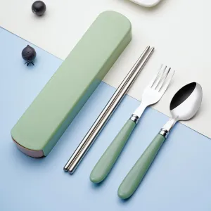 Silverware Flatware Cutlery Set, 3/12/18/24/30/36 Pieces Student Canteen Outdoor Tableware Box Portable Tableware Set Three-piece Stainless Steel Spoon, Fork Chopsticks Set (Color : Green,