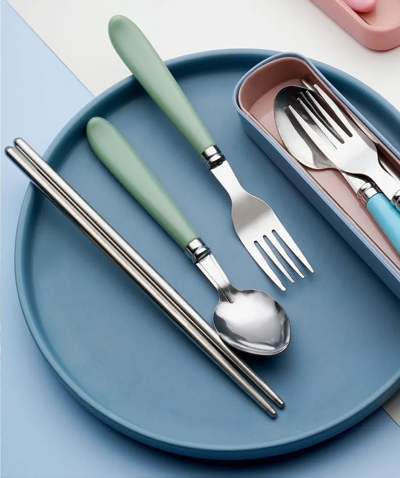 Silverware Flatware Cutlery Set, 3/12/18/24/30/36 Pieces Student Canteen Outdoor Tableware Box Portable Tableware Set Three-piece Stainless Steel Spoon, Fork Chopsticks Set (Color : Green,