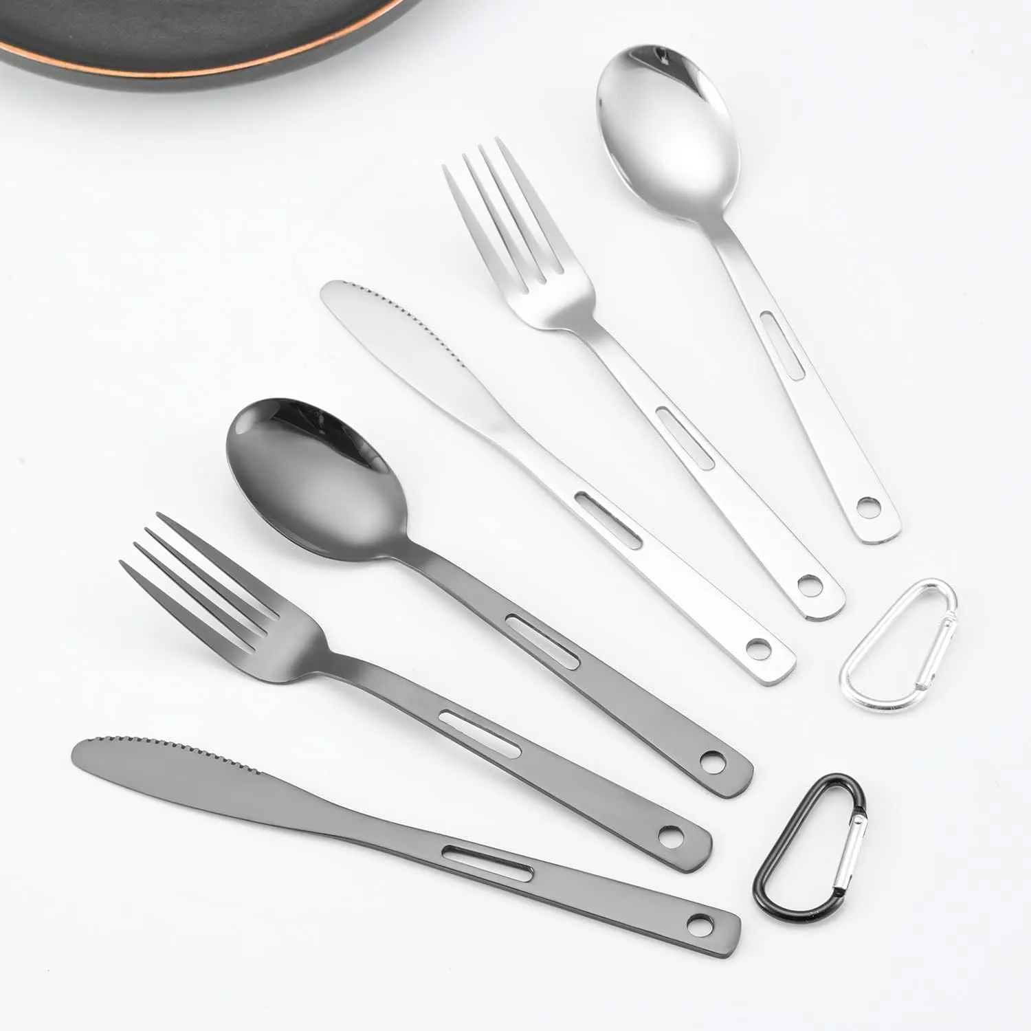 Silverware Flatware Cutlery Set, 3/12/18/24/30/36pcs Outdoor Camping Tableware Picnic Stainless Steel Knife, Fork And Spoon Set Travel Portable Tableware With Storage Bag(Black,24 Pieces for