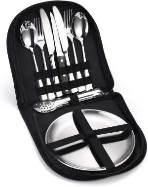 Silverware Flatware Cutlery Set, Outdoor Camping Stainless Steel Table Knife, Fork, Spoon, Plate, Food Clip, Portable Tableware Bag Set.Silver-10Set