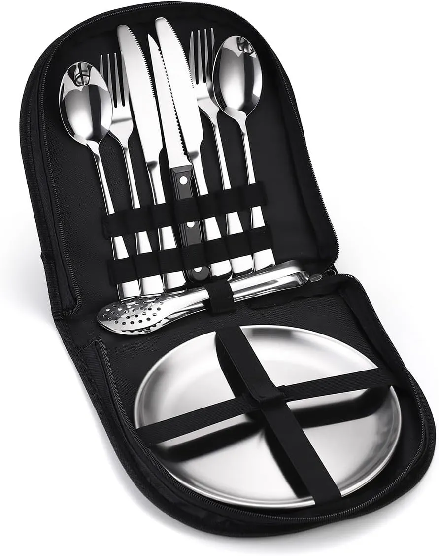 Silverware Flatware Cutlery Set, Outdoor Camping Stainless Steel Table Knife, Fork, Spoon, Plate, Food Clip, Portable Tableware Bag Set.Silver-10Set