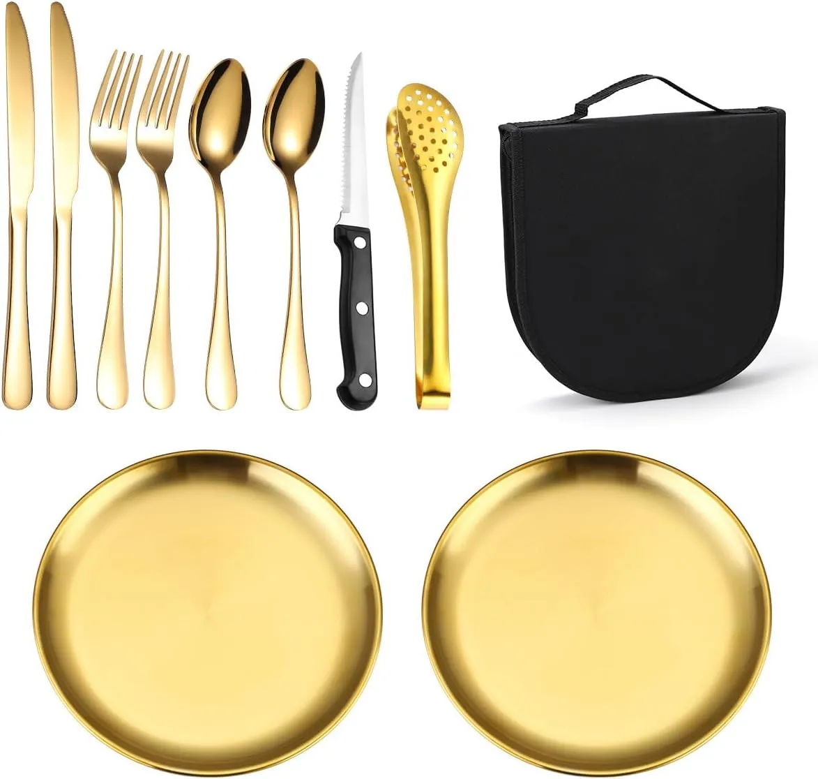 Silverware Flatware Cutlery Set, Outdoor Camping Stainless Steel Table Knife, Fork, Spoon, Plate, Food Clip, Portable Tableware Bag Set.Silver-10Set