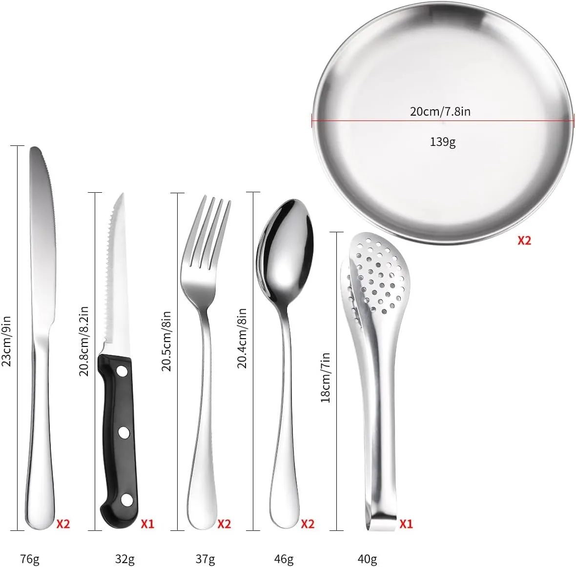 Silverware Flatware Cutlery Set, Outdoor Camping Stainless Steel Table Knife, Fork, Spoon, Plate, Food Clip, Portable Tableware Bag Set.Silver-10Set