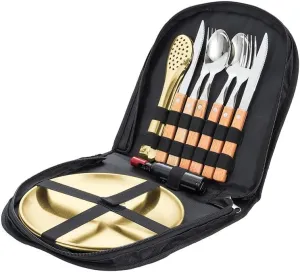 Silverware Flatware Cutlery Set， Outdoor Camping Two-person Tableware Set 304 Stainless Steel Wooden Handle Knife， Fork， Spoon， Steak Clip， Bottle Opener，Brown gold-12Set