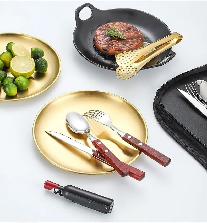 Silverware Flatware Cutlery Set, Outdoor Camping Two-person Tableware Set 304 Stainless Steel Wooden Handle Knife, Fork, Spoon, Steak Clip, Bottle Opener(Brown silver,8Set)