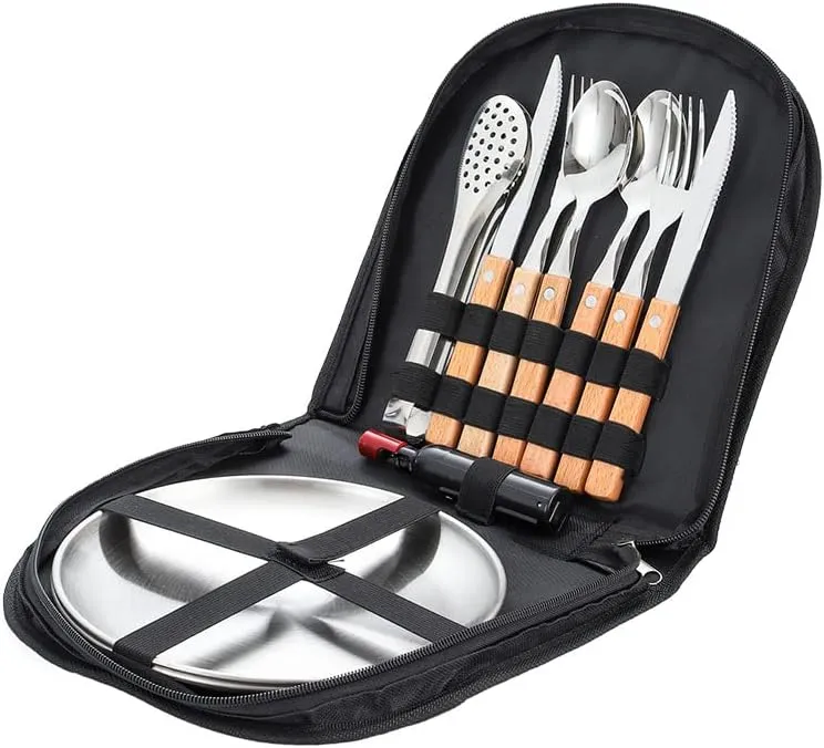 Silverware Flatware Cutlery Set, Outdoor Camping Two-person Tableware Set 304 Stainless Steel Wooden Handle Knife, Fork, Spoon, Steak Clip, Bottle Opener(Brown silver,8Set)